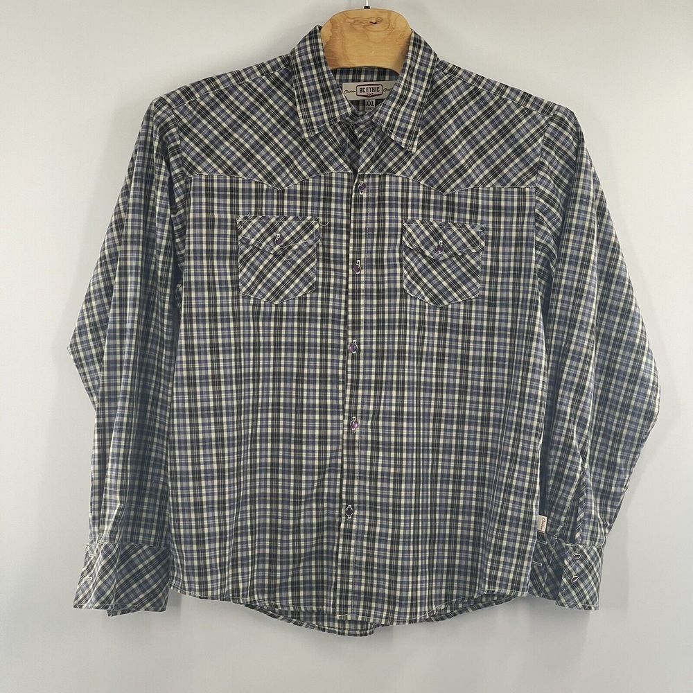 Vintage Look BC Ethic Plaid Pearl Button Western‎ Shirt Men's Size 2XL USA